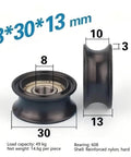 5 Pack Nylon U Groove Pulley Wheels With Embedded Ball Bearings Fits 8mm Bore And 40mm Outer Diameter For Linear Tracks And Transmission Setups Smooth Roll And Low Friction POM Construction Keeps Your Rig Running Like New While You Crush Every Project, measuring 8x30x13 mm, with reinforced nylon shell.