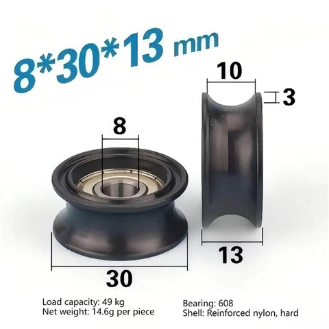 5 Pack Nylon U Groove Pulley Wheels With Embedded Ball Bearings Fits 8mm Bore And 40mm Outer Diameter For Linear Tracks And Transmission Setups Smooth Roll And Low Friction POM Construction Keeps Your Rig Running Like New While You Crush Every Project, measuring 8x30x13 mm, with reinforced nylon shell.