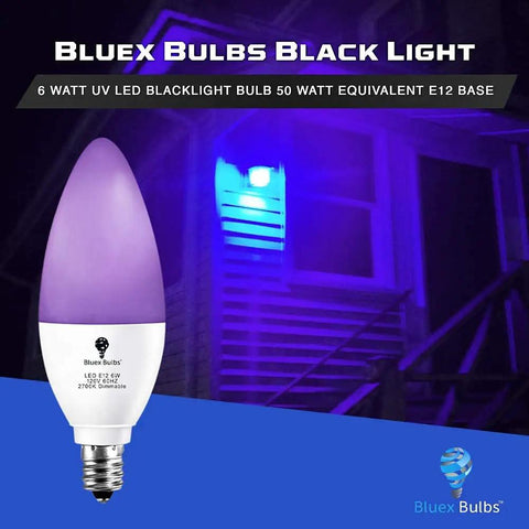 6 Pack LED Black Light Bulbs 6W E12 Candle Socket Neon Glow 385-400 Nanometer Range for outdoor neon lighting effect