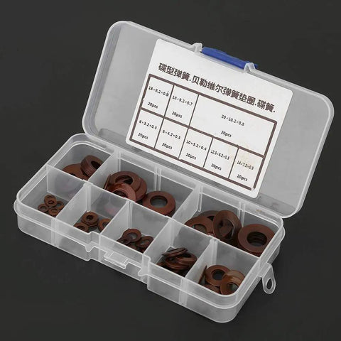 Beefy Load Disc Spring Washer With Variable Stiffness, Compact Shock Absorber For Clutches And Safety Valves, High Capacity Disc Spring For Precision Automotive And Industrial Equipment, Space Saving Vibration Damping And Energy Efficiency, plastic 8-size kit in storage case