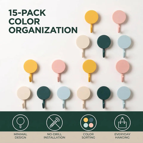 15 Pack Self Adhesive Wall Hooks With Hella Strong Grip No Drilling Damage Free Mounting For Towels Keys And Flatware Decorative Cutesy Style Perfect For Bathroom Office Or Closet Super Easy Setup And A Surefire Storage Winner - colorful circular design displayed.