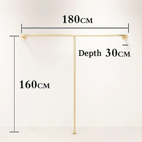 Top Tier Wall Mounted Garment Rack With Built In Shelves And Brushed Gold Finish Straight Ready For Any Boutique Or Master Closet Heavy Duty Metal Clothes Rail dimensions 180cm width 160cm height 30cm depth