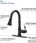 Oil Rubbed Bronze Kitchen Faucet With High Arc Gooseneck Pull Down Sprayer 3 Function Spray Head Single Handle Heavy Duty Commercial RV Kitchen Sink Faucet Solid Brass Construction Drip Free Ceramic Valve Deck Plate Included shown with labeled features.