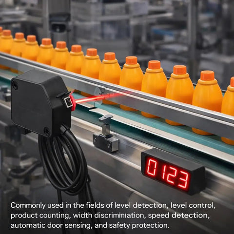 Photoelectric Switch Diffuse Reflection Sensor with 3 Meter Detection Range and Screw Pack detecting bottles on a conveyor belt