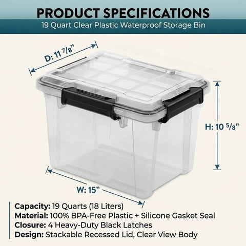 Kickass Heavy Duty 19 Quart Storage Bin With Airtight Gasket Lid Clear Stackable Plastic Crate dimensions and specifications