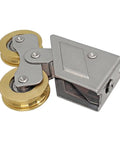 Heavy Duty Nylon Wheel Sliding Door And Window Pulley Roller Built With Aluminum Alloy Quiet Track Replacement For No Drag Glide and Quick Swap Hardware Upgrade One Piece, showing aluminum frame and dual gold wheels.