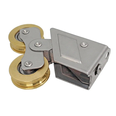 Heavy Duty Nylon Wheel Sliding Door And Window Pulley Roller Built With Aluminum Alloy Quiet Track Replacement For No Drag Glide and Quick Swap Hardware Upgrade One Piece, showing aluminum frame and dual gold wheels.