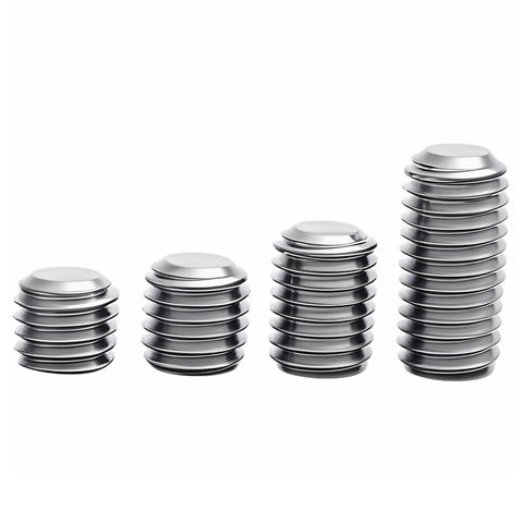 Stainless steel hex socket grub screws set, fine-thread, flat point, M6–M16, 4 pieces