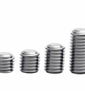 Four stacks of Stainless Hex Socket Screws Flat Point Grub Screws M6 To M16 2 M14 X 1.5 X 30mm in varying heights