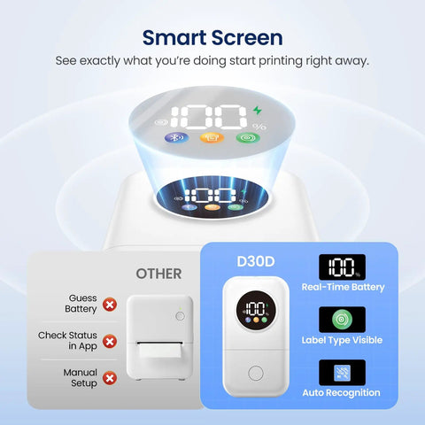 Slick Mini Bluetooth Label Maker With Five Colorful Tapes And Smart LED Display For Quick Organizing showing smart screen and battery status.