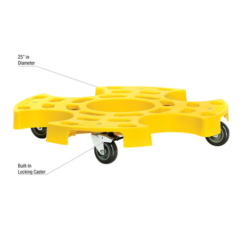 Heavy Duty Badass Tire Taxi Glider With Locking Casters Holds Four Tires And Rims Up To 552 Pounds 31 Inch Shop Wheel Hauler Transport Cart For Mechanics close-up of 25-inch yellow wheel cart with locking casters.