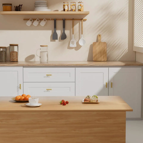 Modern kitchen featuring Premium Brushed Brass Cabinet Knobs 2 Inch Dresser Pulls Hardware Set 12 Pack on white drawers.