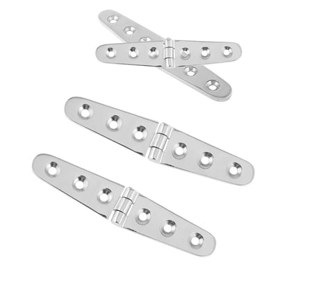 Three Industrial Strength 316 Marine Grade Stainless Steel Cast Hinges with mirror polish for boat, yacht, RV mounting.