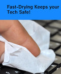 Hand using alcohol-free cleaning wipe on keyboard, product type: Alcohol Free Cleaning Wipes For Hearing Aids And Tech, 100 Count Individually Wrapped, Fast Drying, Gentle And Non Abrasive, Safe For Earbuds And Electronics, Ideal For Daily Cleaning