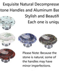 Top Quality Ten Pack Natural Quartz Geode Druzy Stone Cabinet Knobs With Gold Plated Handles For Drawers Cupboards Home Office Decor Dope Gemstone Vibes Richly Textured Real Rock Mineral Variety Set For Kitchen Pantry Bathrooms. Five unique colorful stone cabinet knobs with aluminum base.