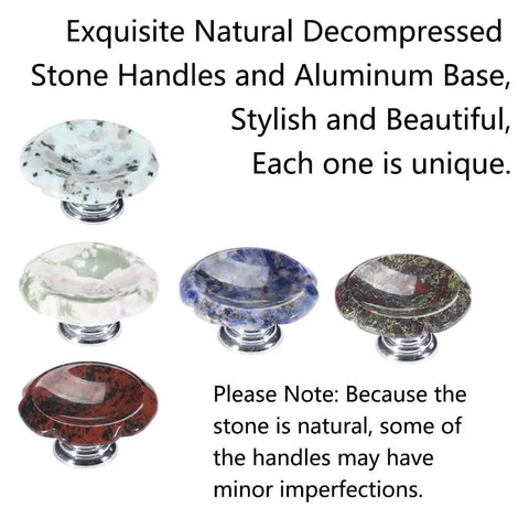 Top Quality Ten Pack Natural Quartz Geode Druzy Stone Cabinet Knobs With Gold Plated Handles For Drawers Cupboards Home Office Decor Dope Gemstone Vibes Richly Textured Real Rock Mineral Variety Set For Kitchen Pantry Bathrooms. Five unique colorful stone cabinet knobs with aluminum base.
