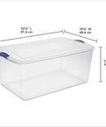 Badass 105 Quart Clear Plastic Storage Bin With Snug Blue Latching Lid Stackable Heavy Duty Box dimensions shown for storage solutions.