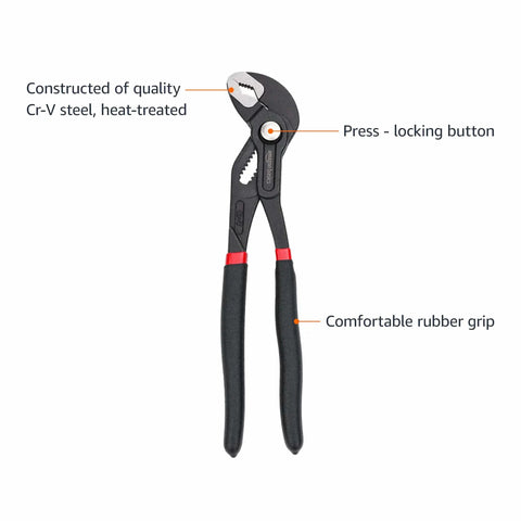 Three Piece Quick Release Groove Joint Pliers Set With Adjustable Slip Joint Pliers; shown is a plier with rubber grips and steel body.