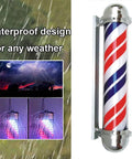 Top Shelf Rotating Barber Pole Wall Sconce With Hella Bright Waterproof LED Lighting And Classic Red White Blue Stripes Finished In Retro Bronze for outdoor display.