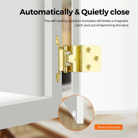 Game Changer Self Closing Soft Close Cabinet Hinges, 3/8 Inch Inset Brushed Gold Finish, 60 Pack showing self-closing mechanism and door bumpers.