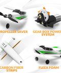Components of Beginner Friendly RC Plane Trainer 3CH Remote Control Airplane With Prop Saver 6 Axis Gyro Stabilizer And 3 Flight Modes For Easy Aerial Fun 400mm Green RTF Hobby Aircraft, featuring propeller saver, gear box, carbon fiber strips, and fleex foam.