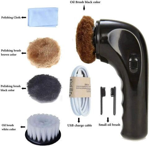 Cordless Electric Shoe Polisher Portable Leather Care Brush Kit For Straight Up Mirror Shine On Shoes Boots And Bags with brushes and USB cable.