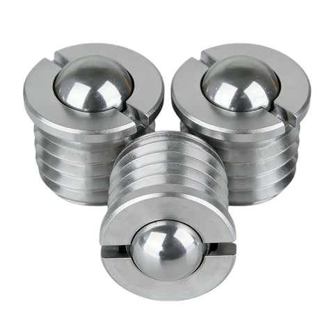 5 Pack Premium Stainless Steel Flanged Spring Ball Plungers Press Fit Bead Lock Screws M16 Threaded Hardware showcasing shiny steel finish and smooth ball heads.