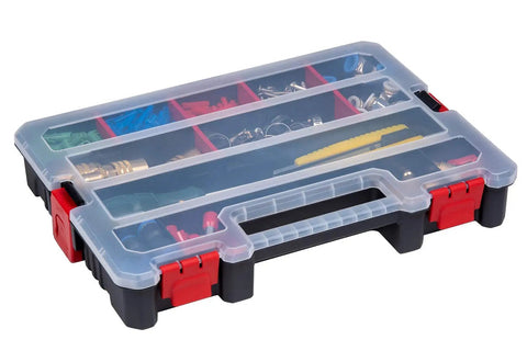 7 Pack Organizer Set With Removable Dividers And Multi Size Storage Boxes for hardware screws, craft beads, and small parts.