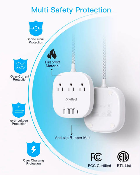 20W USB C Desktop Power Strip With 3 AC Outlets, 3 USB-A Ports, And 1 USB-C Fast Charge showing safety features on white background