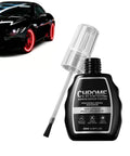 Top Tier Silver Wheel Repair Paint Delivers Dope Chrome Restoration Coverage To Knock Out Curb Rash And Shield Alloy Wheels From Daily Road Wear, 20ml bottle with precision brush next to a black car.