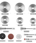 Versatile HSS Circular Saw Blade Set For Rotary Tools With Six Diameters 22 25 32 35 44 50 mm Includes One Eighth And One Quarter Inch Shank Mandrels Cuts Wood Metal Plastic Stone Glass Like A Pro For DIY Crafts displayed with mandrels.