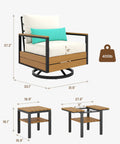 Three Piece Outdoor Bistro Set With 360 Swivel Rocking Chair And Two Tier Solid Acacia Wood Sliding Coffee Table White Six Inch Cushions For Backyard Or Poolside Vibes shown with measurements and weight capacity.