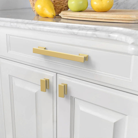 10 Pack Brushed Gold Cabinet Pulls 5 Inch Hole Center Kitchen Cabinet Hardware Gold Drawer Handles Set For Cabinets And Drawers Easy To Install Long Lasting Durable Finish installed on white cabinet
