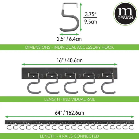 Sixty Four Inch Black Steel Wall Mount Garage Rack Featuring Twenty Heavy Hauling Hooks And Four Slick Modular Rails for tool organization and dimensions