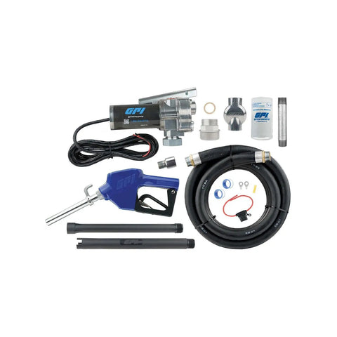 No Sweat Fuel Transfer Pump With Automatic Shut Off Nozzle And Premium Filter Kit 18 GPM 12 Volt Motor, complete kit components.