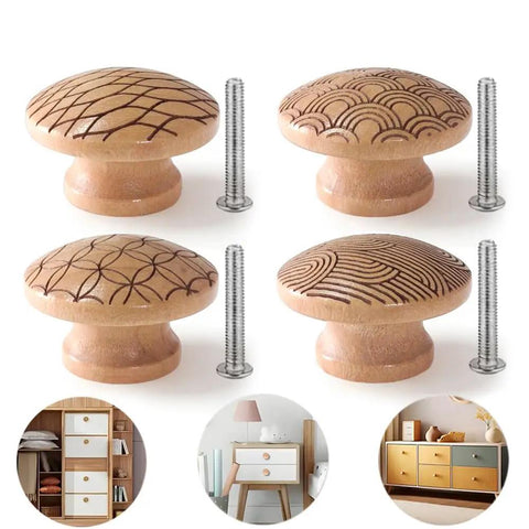 Handmade Mushroom Wood Cabinet Knobs 4 Pack With Unique Engraved Patterns for cabinets and dressers, boho style.