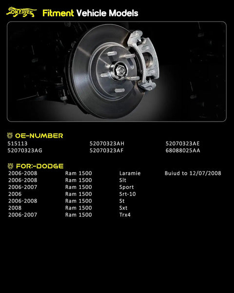 Plug And Play Front Wheel Bearing Hub Assembly With Slick Abs Wiring And Tough Five Lug Nuts For Dodge Ram 1500 Crew Cab Trucks showing fitment details and OE numbers.