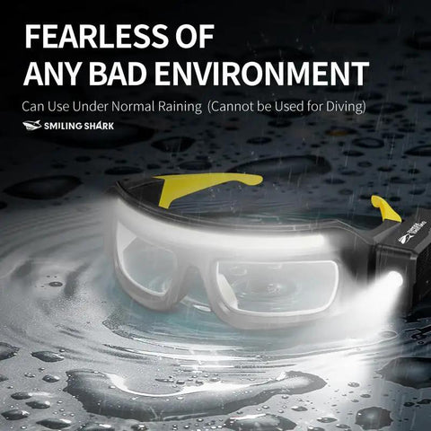 Rechargeable LED Lighted Glasses With Motion Sensor And Touch Control Five Mode Hands Free Headlight Eyewear For Night Running Camping And Cycling USB C Trail Ready Glasses Built Different And Shine Bright with water droplets.