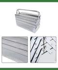 Super Heavy Duty Seven Tray Tool Chest Crafted From Solid Stainless Steel with folding design, size 18.31x7.95x10.31 inches.