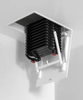 Rock Solid Remote Control Attic Ladder Pull Down Loft Staircase With Titanium Alloy Frame Heavy Duty Folding Steps installed in ceiling.