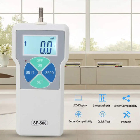 No Fuss Digital Force Gauge And Portable Push Pull Tester Workhorse Featuring 500 Newton Capacity with LCD display in bright indoor setting.