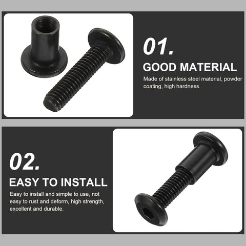 Top Shelf M6x25 Black Stainless Steel Binding Screws With Matching Cap Nuts displayed from multiple angles, showcasing durable material and design.