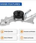 Rock Solid AW6169 Engine Water Pump Replacement for 3.6L V6 Engines showing features and design for Jeep Grand Cherokee and Dodge Charger.