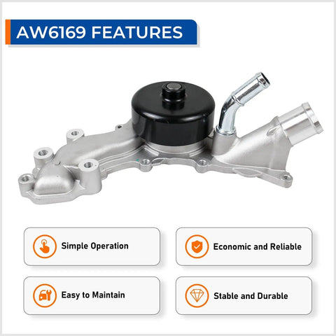 Rock Solid AW6169 Engine Water Pump Replacement for 3.6L V6 Engines showing features and design for Jeep Grand Cherokee and Dodge Charger.
