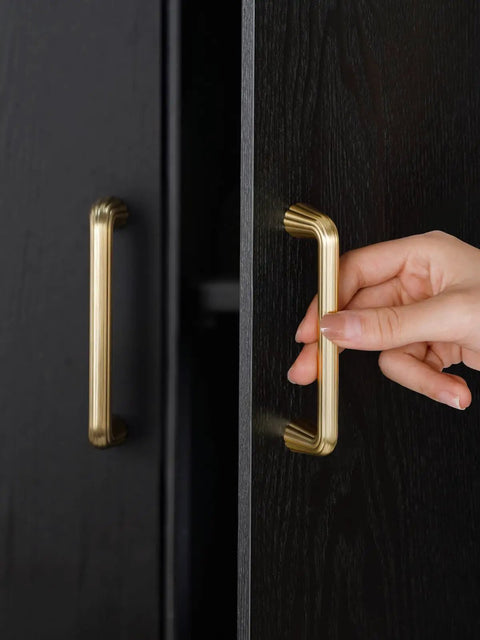 Super Slick 5 Pack Gold Cabinet Pulls With Brushed Brass Finish, 3.75 Inch Hole Center Zinc Alloy Drawer Handles in use on cabinet.