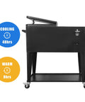 Portable Rolling Cooler Cart On Wheels With Shelves For Outdoor Parties Patio Deck Backyard Bbq Bar Beverage Service 80 Quart Ice Chest With Bottle Opener And Locking Casters Black side view showing open lid and cooling capacity.