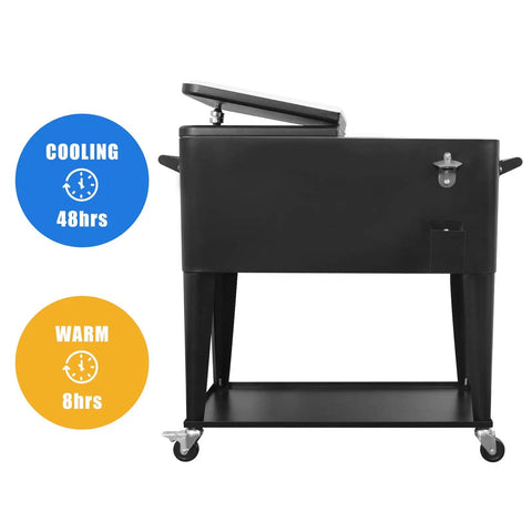 Portable Rolling Cooler Cart On Wheels With Shelves For Outdoor Parties Patio Deck Backyard Bbq Bar Beverage Service 80 Quart Ice Chest With Bottle Opener And Locking Casters Black side view showing open lid and cooling capacity.