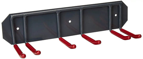 Badass Heavy Duty Wall Mounted Ski Rack Organizer With Thick Padded Hooks For Indoor Garage Storage. Steel frame with red hooks.