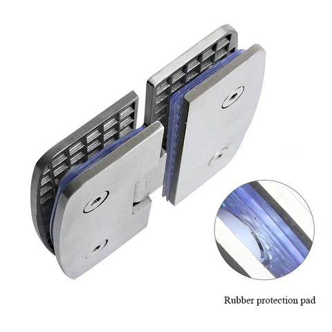 Heavy Duty Glass Shower Hinges Two Pack 180 Degree Turn For Frameless Bathroom Doors Constructed From Tough Stainless Steel close-up view with rubber protection pad.