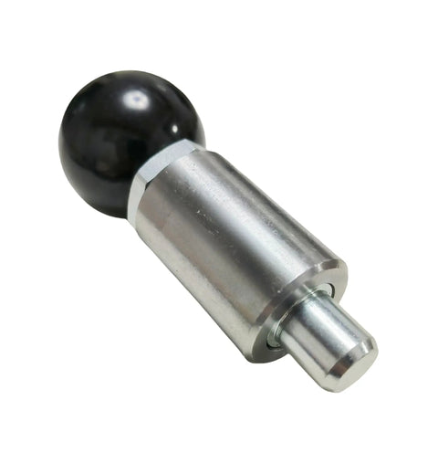 Badass Heavy Duty Spring Loaded Pull Pin With Easy Grip Ball Handle For Quick Release Tool Mounting And Precision Workholding Three Eighth Inch Industrial Grade Steel close-up view showcasing black ball handle and steel body.